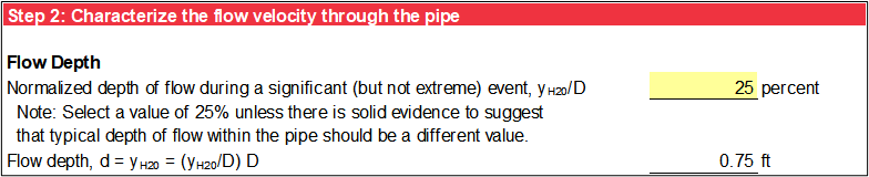 Step 2 of Steel and Aluminum Pipe worksheet: Flow depth.